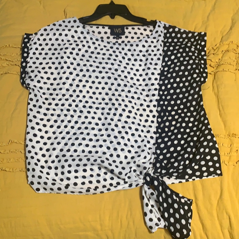 NWOT black and white tie-waist polka dot blouse
